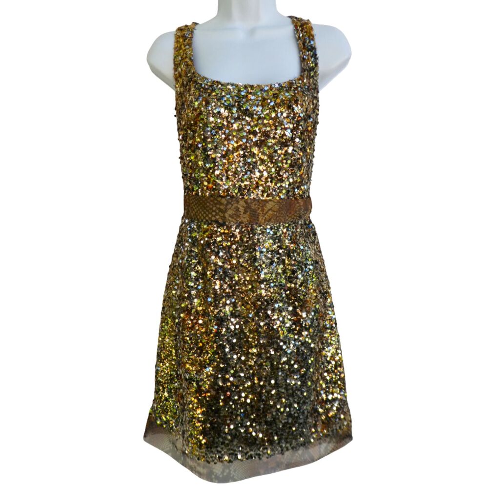 Elie Tahari Kearney Gold Sequin Cocktail Dress SiLK Animal Waistband Detail US10